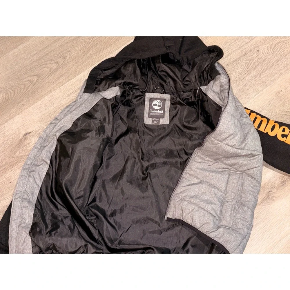 Timberland Kids Grey Puffer Jacket Black Hooded Hybrid Zip Up Coat Size M 10/12